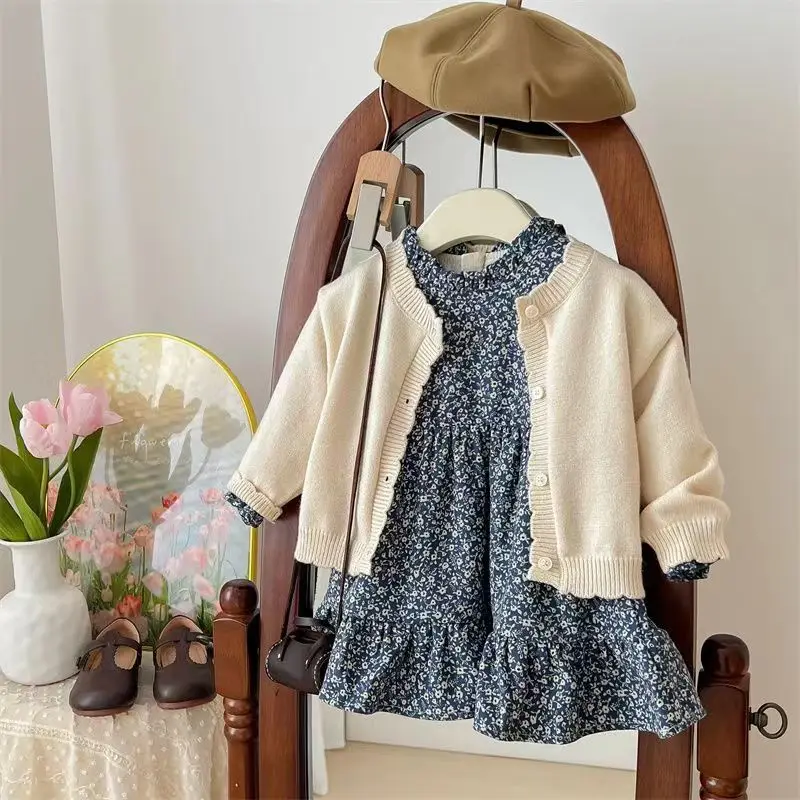 

Girls Autumn Dress Set 2023 New Women's Treasure Knitted Coat Children's Fragmented Flower Dress Two Piece Set