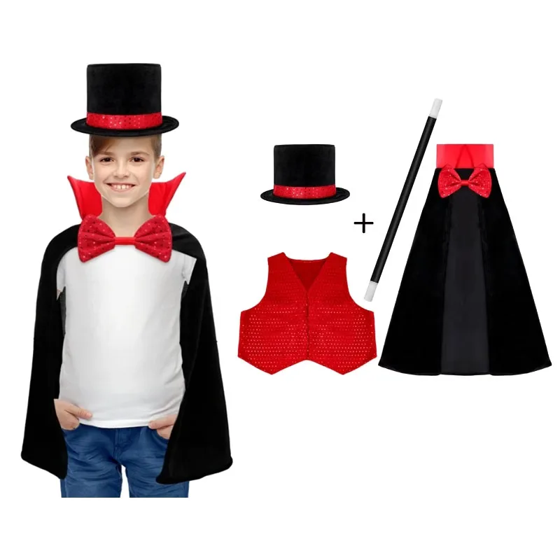 

Kids Magician Role Play Cloak Waistcoat Cape Hat Magic Wand Set Children School Cosplay Costume 2024 Jazz Dance Stage Outfit