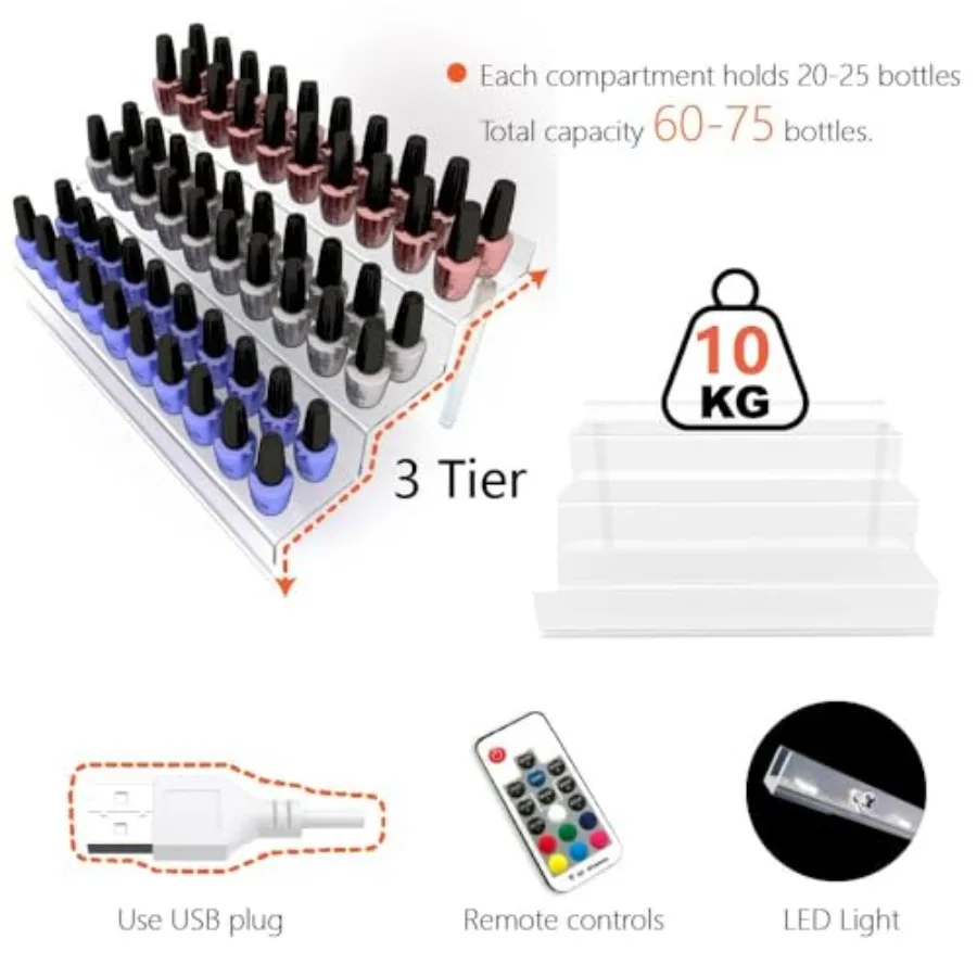 3 Tier Clear Acrylic Perfume Organizer with LED Nail Polish Rack and Cologne Holder for Bedroom or Bathroom Storage Transparent