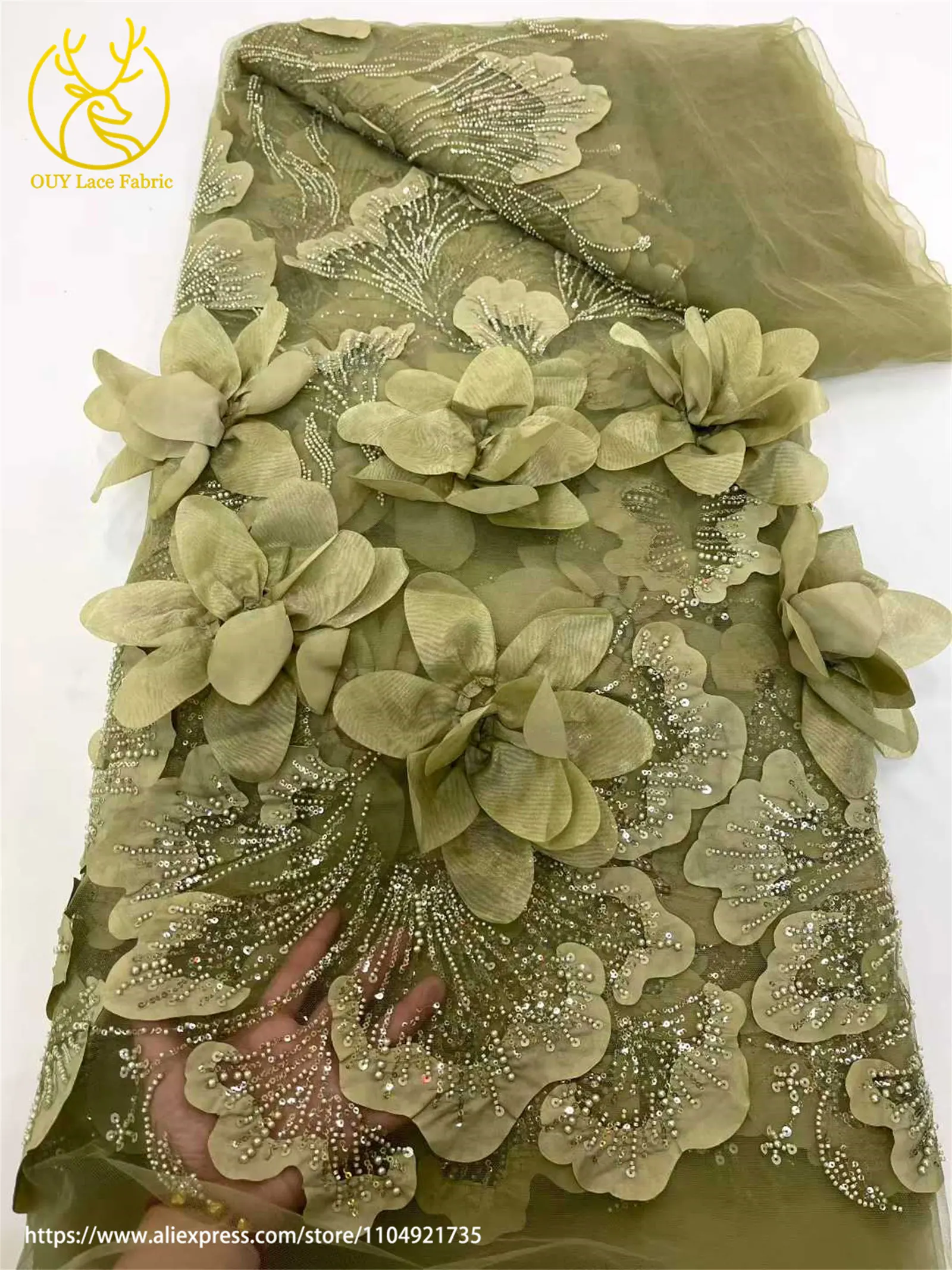 3D Blumenmuster Afrikanischer Braut-Spitzenstoff 2026 Neueste Französische Nigerianische Pailletten-Spitze für Brautkleider und Hochzeitsmode – Detail 14