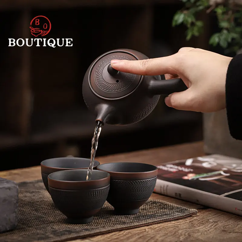 200ml Qingxi Purple Pottery Luochuan Side Handle Pot Hand-knife Teapot Purple Pottery Frosted Kung Fu Tea Set Zen Single Pot