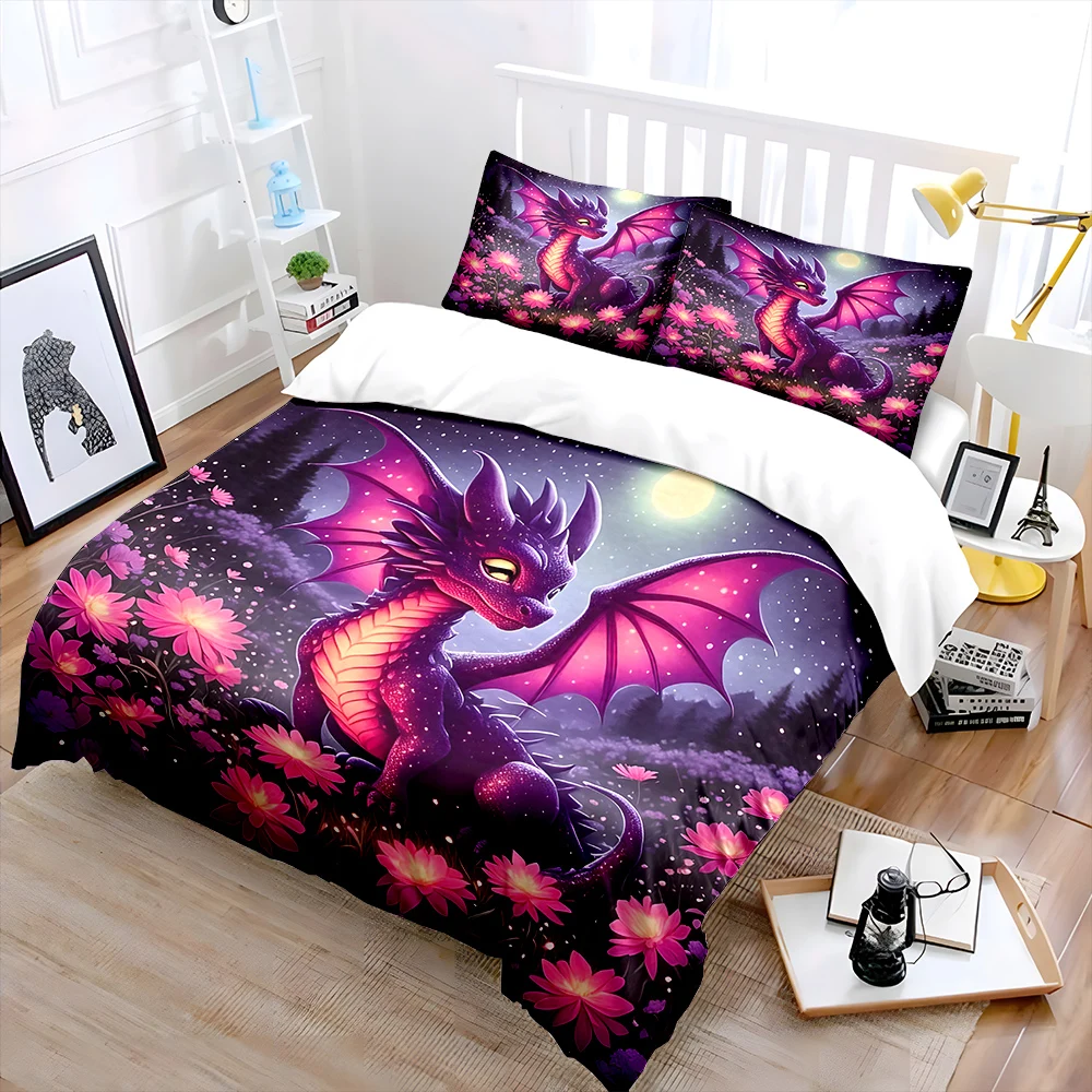 Purple dragon in moonlit flowers Print Bedding Set 1 Duvet Cover 2 Pillowcases for Adult and Children Luxury Gift Full Size