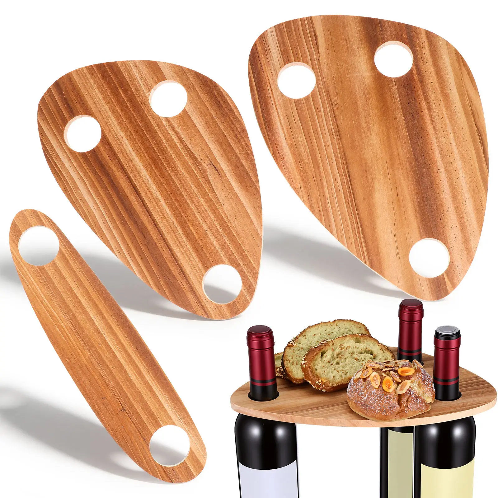 3Pcs Wine Bottle Topper Tray Natural Wood Serving Board with Corner Cutout for Bottle Neck Portable Lightweight Picnic Camping
