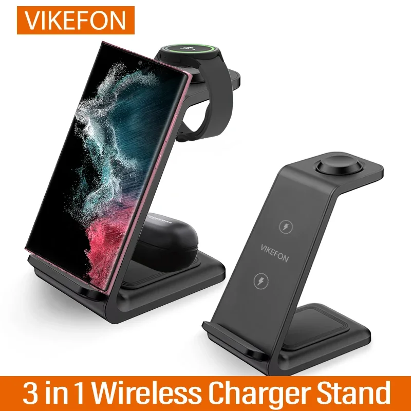 VIKEFON  3 in 1 Wireless Charger Stand for iPhone 16 15 14 13 12 Samsung Galaxy Apple Watch Airpods Pro Fast Charging Station