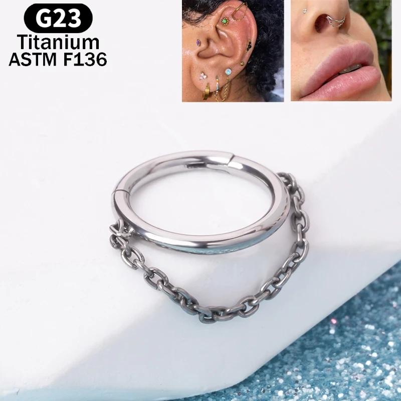 G23 Titanium Piercing Hoop Earring Dangling Chain Segment Ring Septum Clicker Ear Cartilage Helix Tragus Lobe Nose Body Jewelry