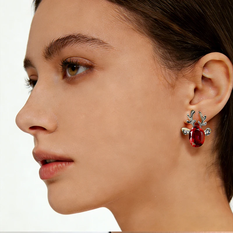 

EVISPOL Cartoon Animal Deer Stud Earrings Small Antler Earing For Women Girls CZ Crystal Stone Ear Pierings Christmas Gift