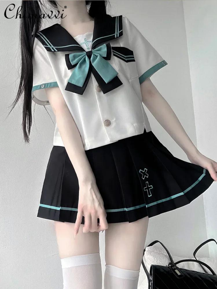 Japanese JK Original Sailor Suit Sweet Cute Student Stitching Sleeves Slim Shirt Top and Skirt Girl\'s Skirt Sets Two-Piece Set