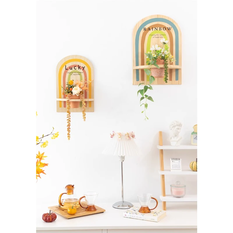 TingKe-Japanese Home Decoration Rainbow Hanging Paintings, Simulated Green Plants and Flowers, Wall Hanging Flower Pot Racks