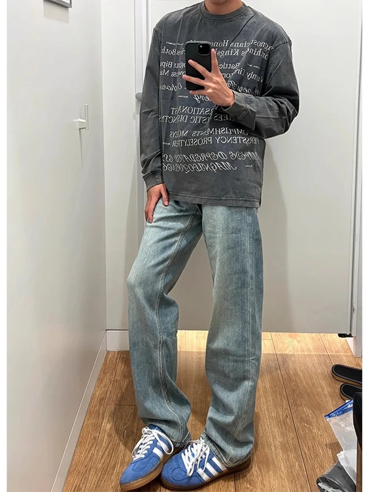 

Американские ретро синие джинсы с изогнутыми лезвиями. Мужские свободные узкие прямые джинсы. Осенние джинсы Cleanfit с высокой талией и застежкой на пуговицы.