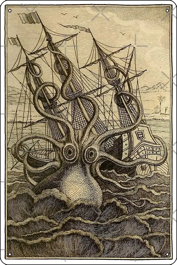 Vintage Kraken attacking ship illustration on parchment Poster Funny Metal Tin Sign for Home Kitchen Bar Room Garage Decor