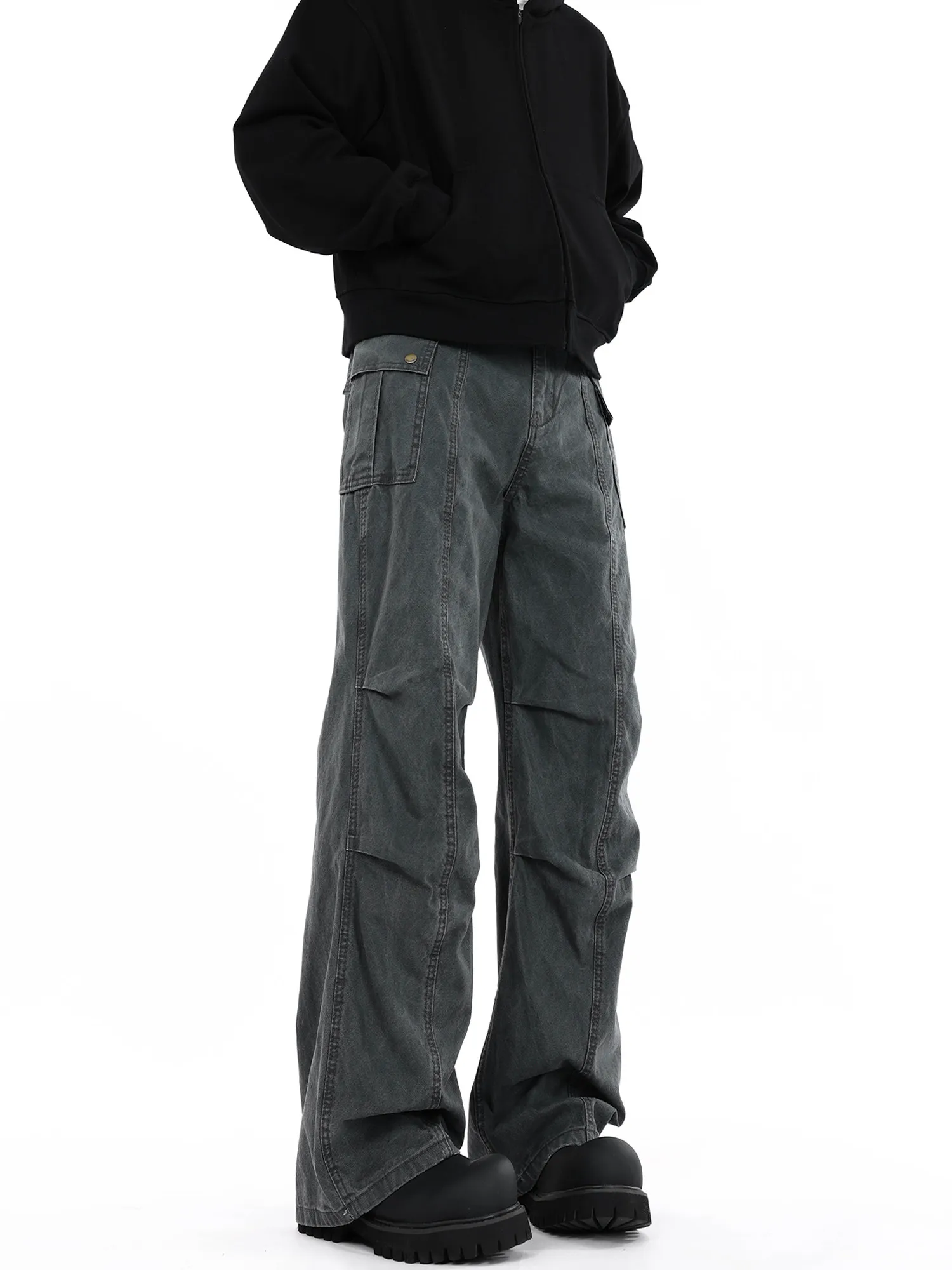 

American Retro Faded Micro Flared Work Pants Men's Loose Straight Leg Casual Trousers Spring Autumn High Waist Denim Jeans
