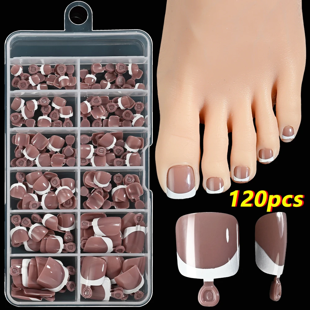 120 Stück/Box Französische Spitze zum Aufdrücken von Zehennägeln, rosa Farbsystem, quadratische Fußnägel, kurze Länge, glänzende Oberfläche, falsches Zehennägel-Set