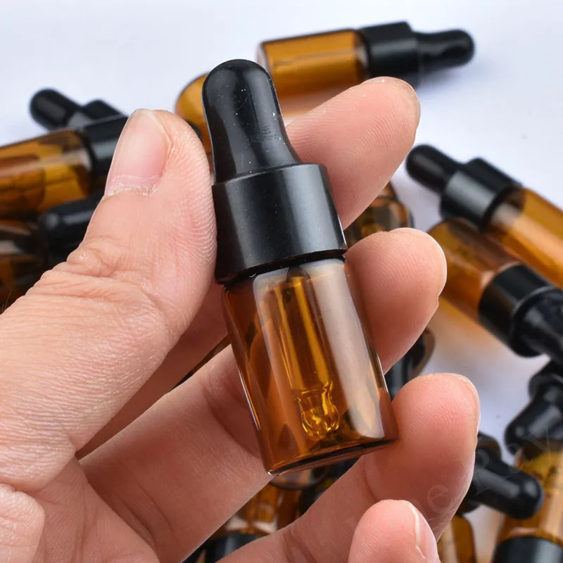 20/50/100pcs 1/2/3/5ml Amber Empty Glass Bottles Aromatherapy Essential Oil Refillable Bottles Dropper Bottle With Black Cap