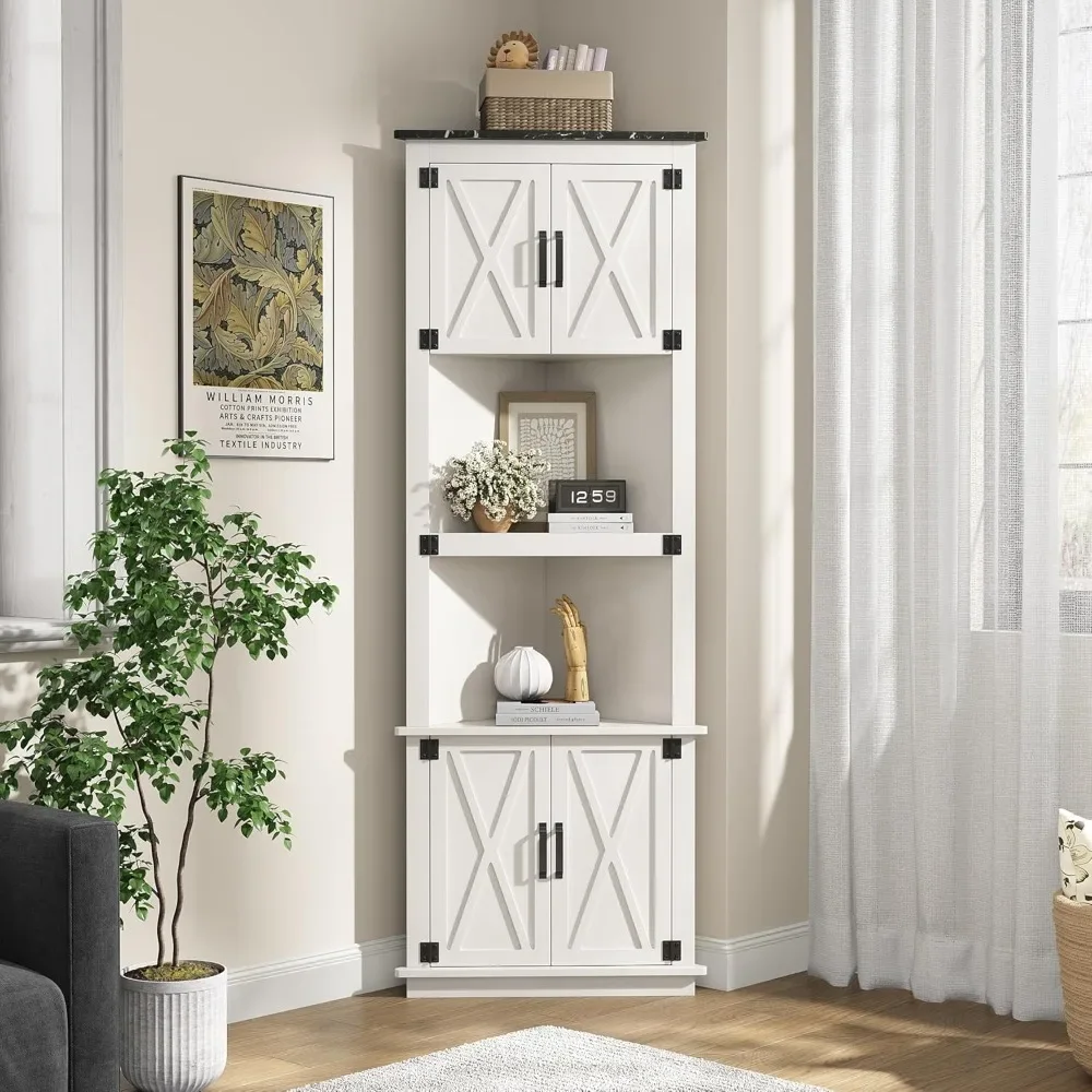 

68 Tall Corner Storage Cabinet with 2 Open Shelves & 4 Barn Doors, Farmhouse Corner Storage Hutch for Living Room, Kitch