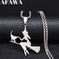 Witch Broom Cat Stainless Steel Necklace for Women Magic Witchcraft Pagan Wicca Magic Chain Necklaces Jewelry colgantes N1050S02