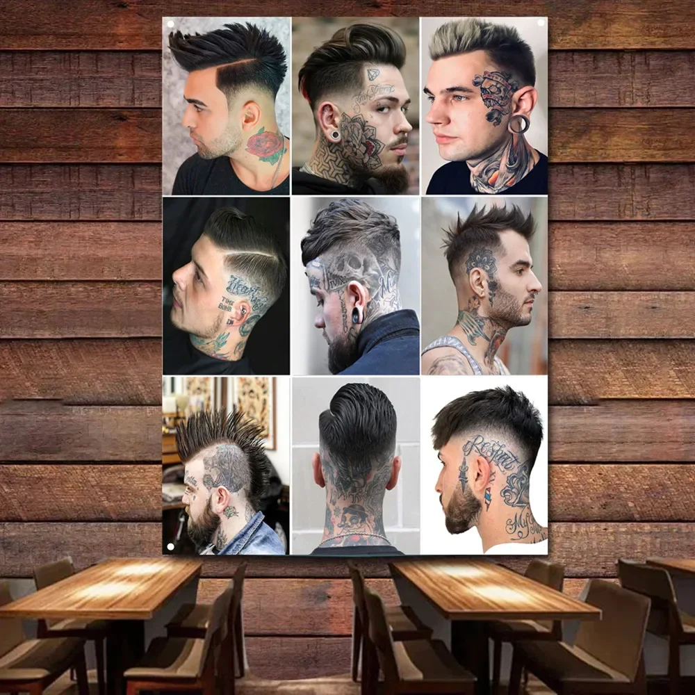 Haircut & Shave Salon Decoration Tapestry, Vintage Barber Shop Flag Poster with Men Tattoo Hairstyles Mural Wall Hanging Banner