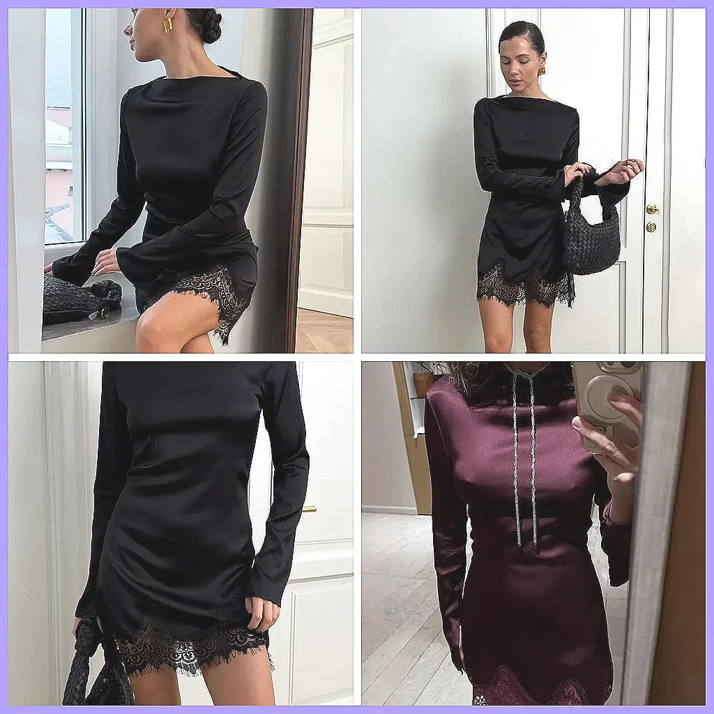 

Black Satin Mini Dress with Lace Patchwork, Boat Neck Long Sleeve & Asymmetrical Hem for Elegant Party Evening Wear