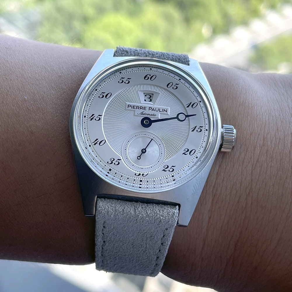 จุดสินค้า Pierre Paulin กระโดดชั่วโมงนาฬิกาผู้ชาย Silver Dial อัตโนมัติ St17 นาฬิกา Vintage วันที่หน้าต่าง 36 มม. โลหะ