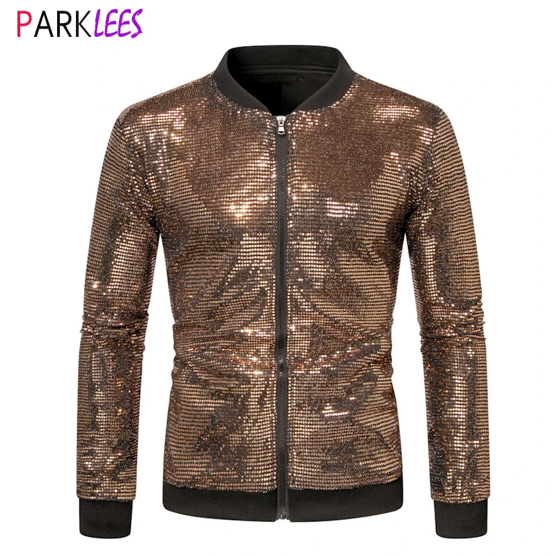 Mens Luxury Shiny Sequin Bomber Jacket 2024 Spring New Zip Up Long Sleeve Party Jacket Coat Party Prom Stage Baseball Jacket