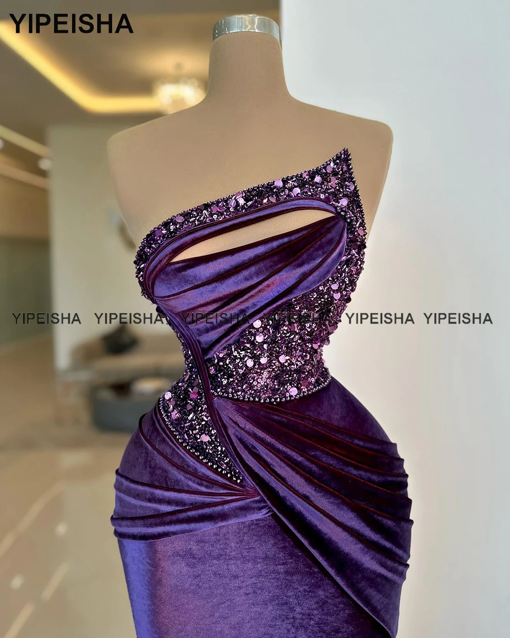 Yipeisha Asymmetric Mermaid Evening Gown 2024 Purple Velvet Prom Dresses Beaded Velour Pageant Party Gowns Customized