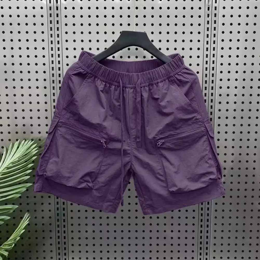 Shorts de secagem rápida masculino com bolsos com zíper, elástico na cintura, leve, respirável, cor pura, verão