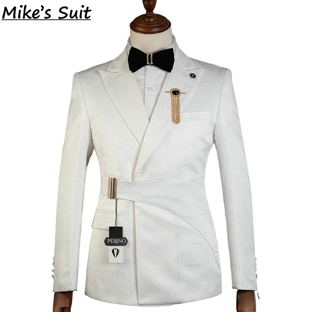 Men 2 Pieces Textured Tuxedo Satin Waist Belt Decor Blazer Pants Wedding Groom Prom Stage Evening Party Custom Suit Set
