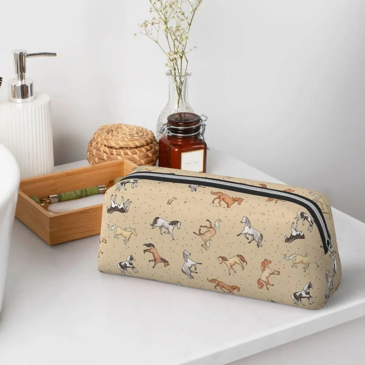 Scattered Horses Spotty On Taupe Pattern Pencil Cases for Student School Pen Box Pencil Bag Pencil Pouch Pen Holder