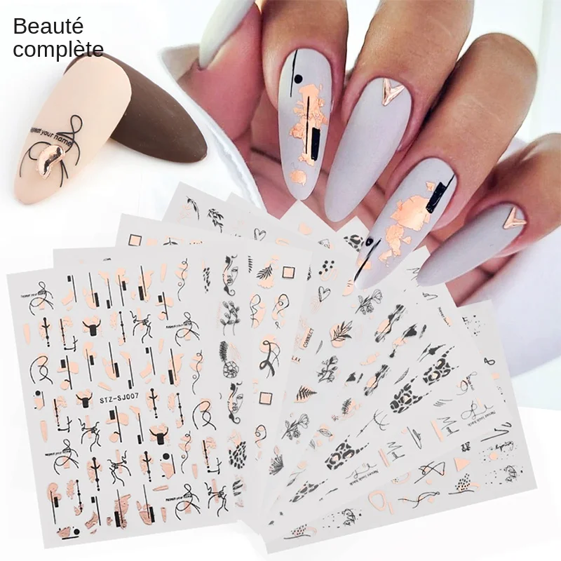 Ensemble d'autocollants pour ongles, 9 pièces, modèles mixtes, Laser holographique 3D, rayures abstraites, ligne feuille, décalcomanies de printemps et d'été, décorations de manucure