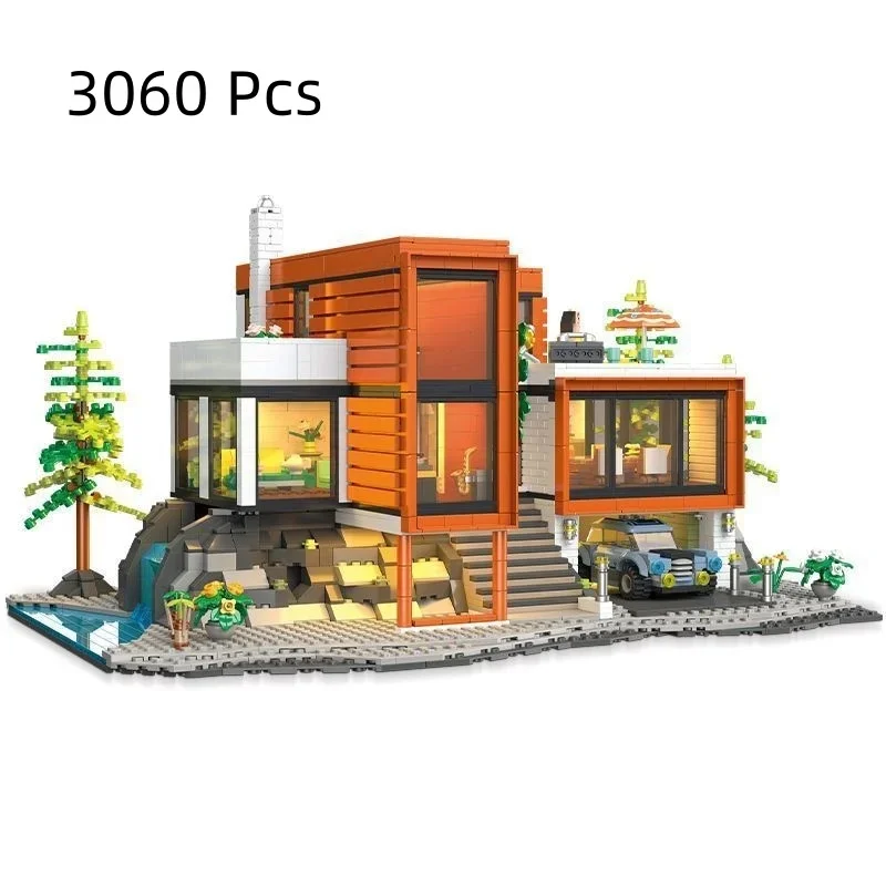 89133 Modern‑Style Holiday Villa Building Blocks Street View House Model Large French Window Courtyard Decoration Desktop