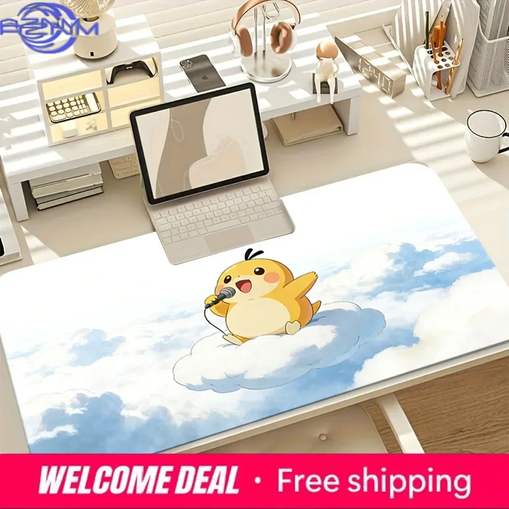 Large Extended Mousepad, White Sky Cloud Cute Yellow Cartoon Creature Singing Art Desk Mat, Rubber Non-Slip Base, Waterproof Gam