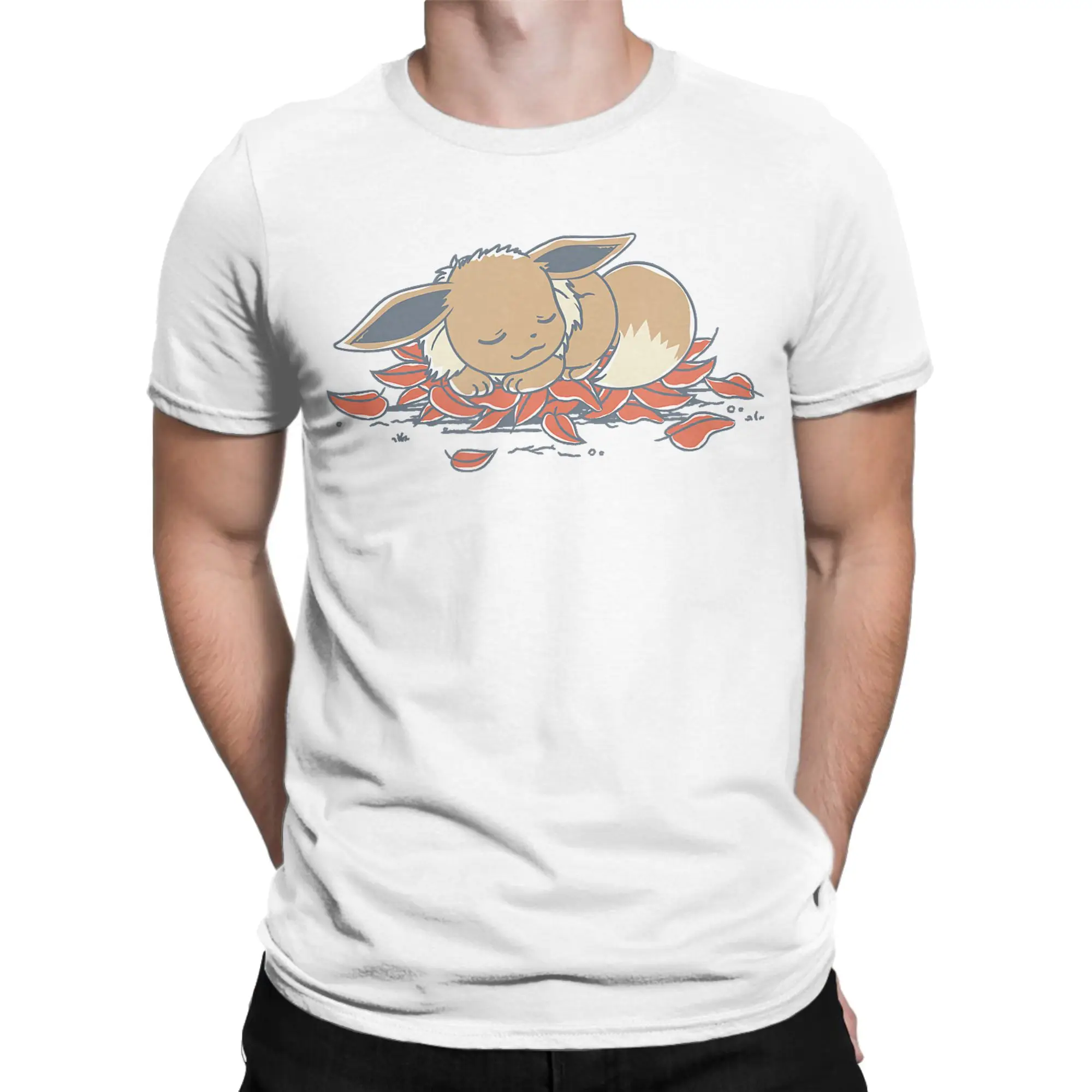 Funny Pokemon Eevee Sleeping On Leaves Generation T-Shirt Men Crew Neck Pure Cotton T Shirts  Short Sleeve Tees Classic Tops