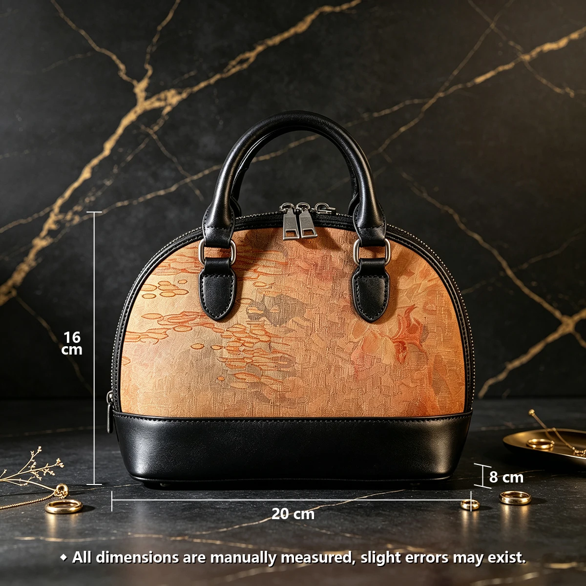 New Chinese Style Satin & Genuine Leather Shell Handbag Retro Top Handle Bag for Wome