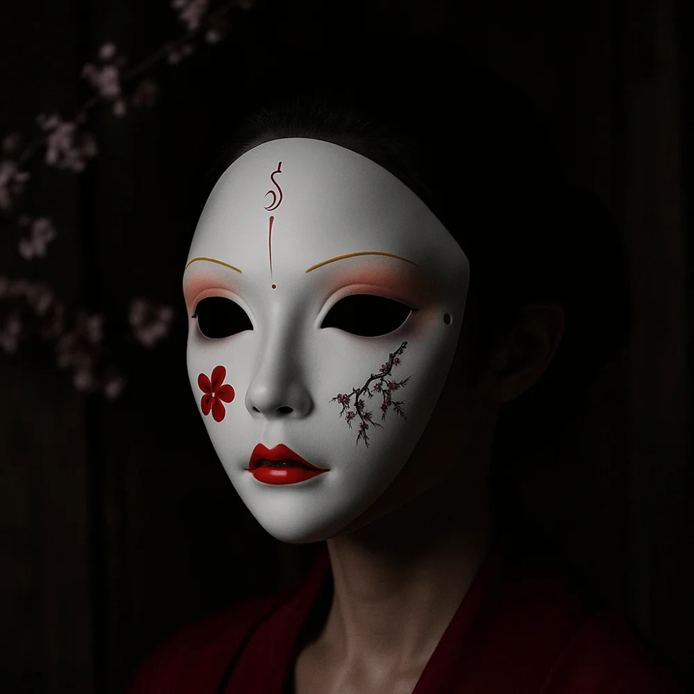Máscara de Geisha de Cara Completa para Disfraces y Cosplay, Máscara Japonesa de Mascarada Espeluznante con Flores para Hanfu, Juguete para Fiestas
