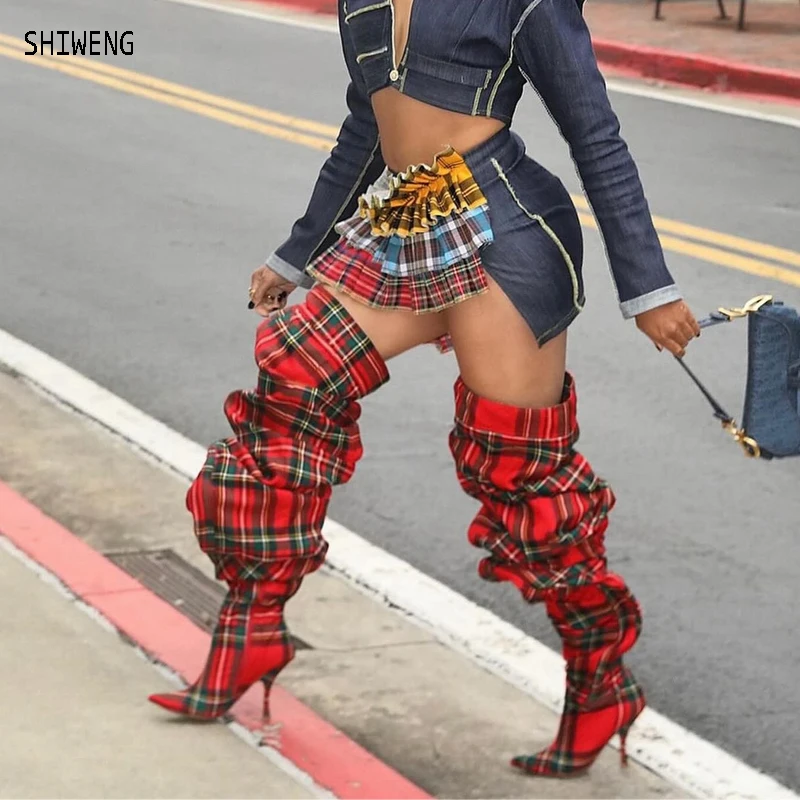 New Red Grid Cloth Wide Loose Big Calf Pleated Over The Knee Boots Women Run Way Thin Heels Slip On Thigh Long Boots Shoes 44