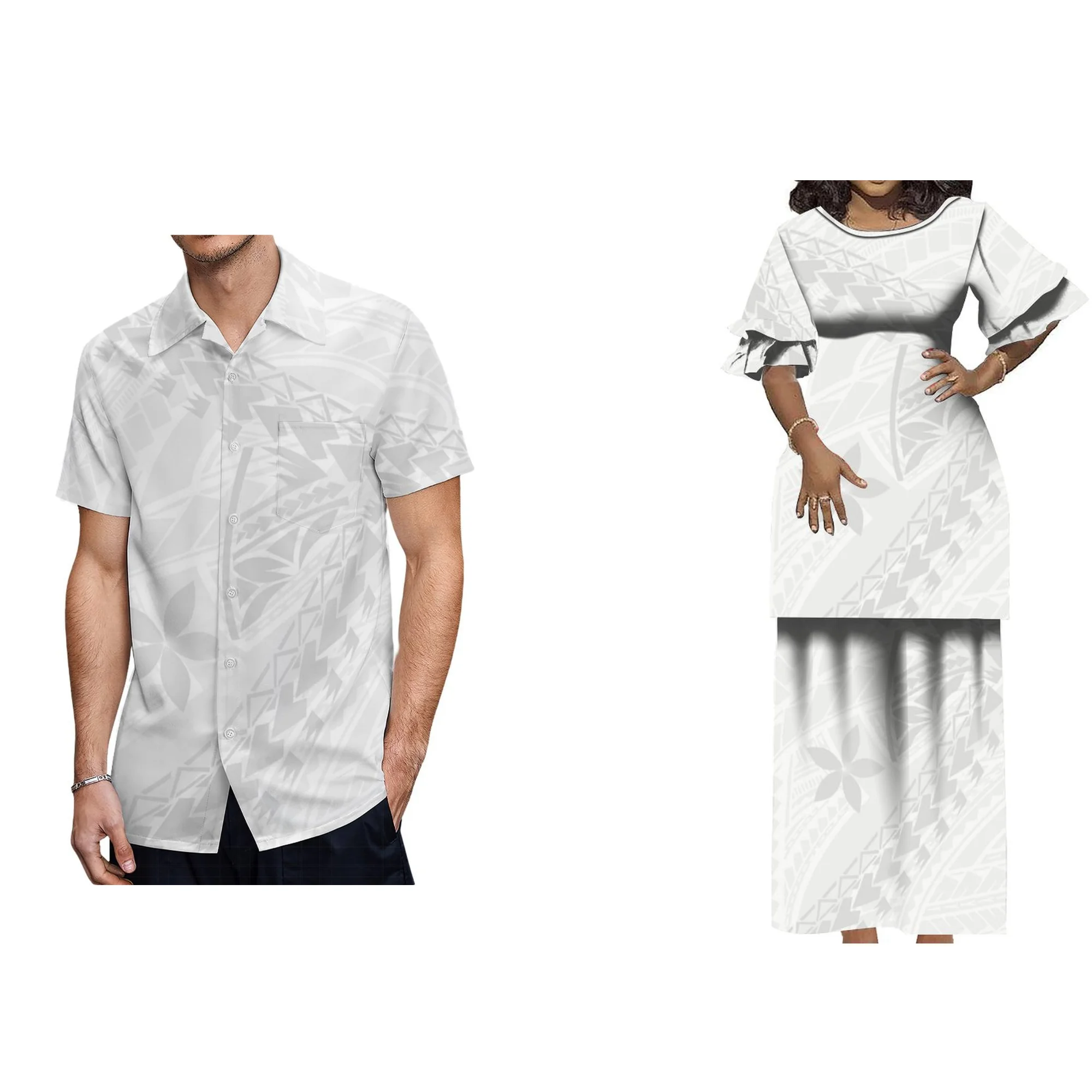 

New Style Polynesian Ruffle Sleeve Crew Neck Samoan Puletasi Dress Custom White Sunday Church Uniform Womens Two Piece Sets 2pcs