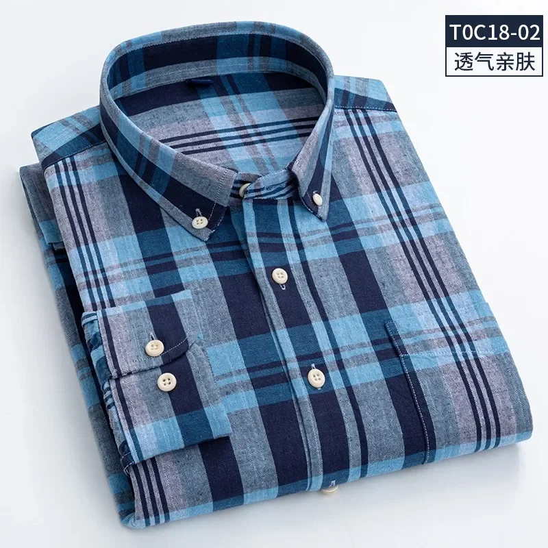 Camisa informal de manga larga con botones para hombre, camisa a cuadros de lino y algodón, con un solo bolsillo de parche, 2022