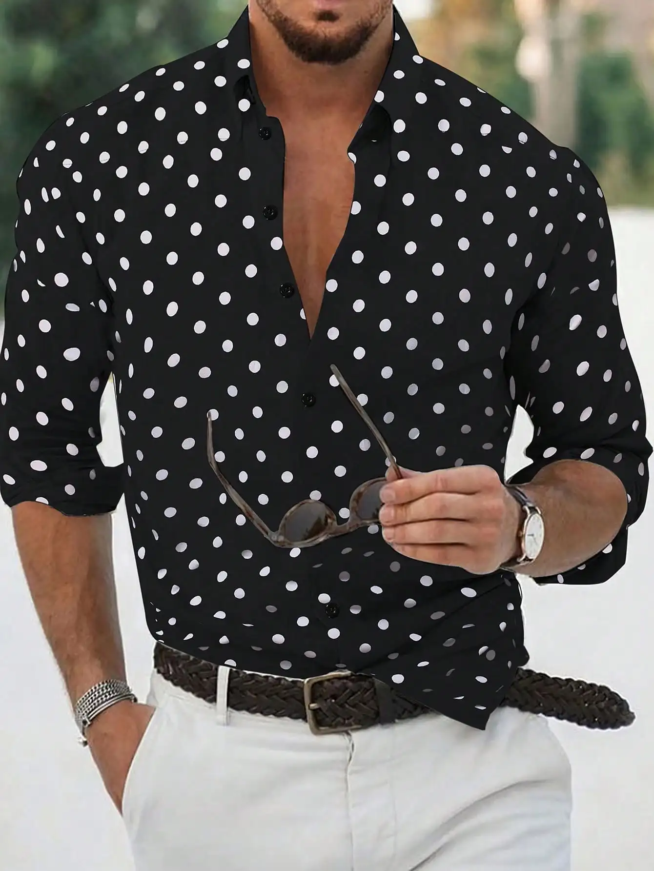 

Men's Black White Polka Dot Slim Fit Button-Up Casual Shirt