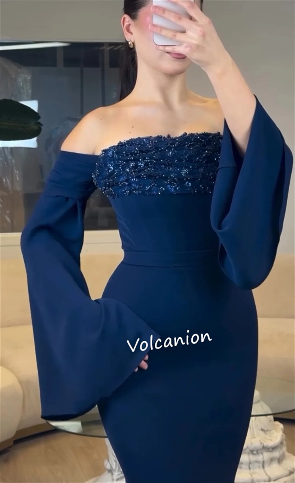 ที่กําหนดเองเจอร์ซีย์ประดับด้วยลูกปัด Mermaid Off-the-ไหล่ชุดยาว Bespoke โอกาสชุดราตรี Elegant Simple คุณภาพสูง