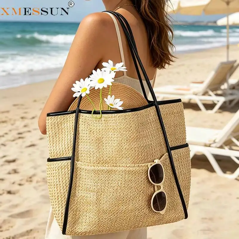 New Women Vacation Fashion Summer Beach Shoulder Bag Portable Large Capacity Hollow Out Handwoven Tote Bag Girls Travel Handbags