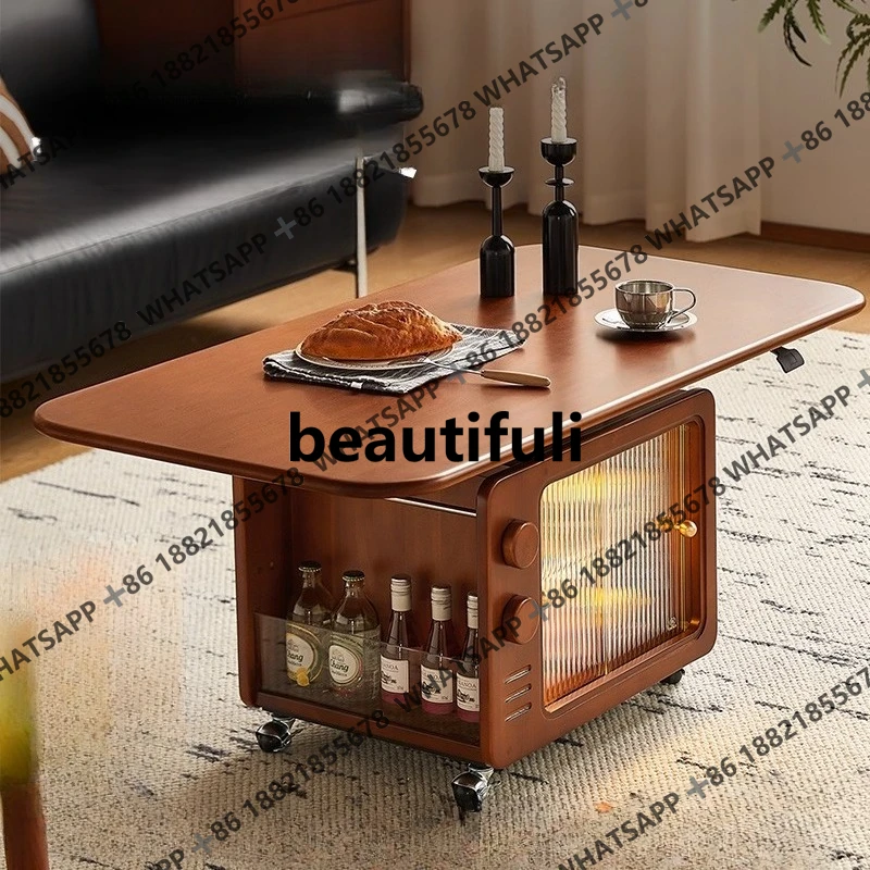 

Lifting coffee table, small apartment, living room, home French retro, solid wood mobile tea table