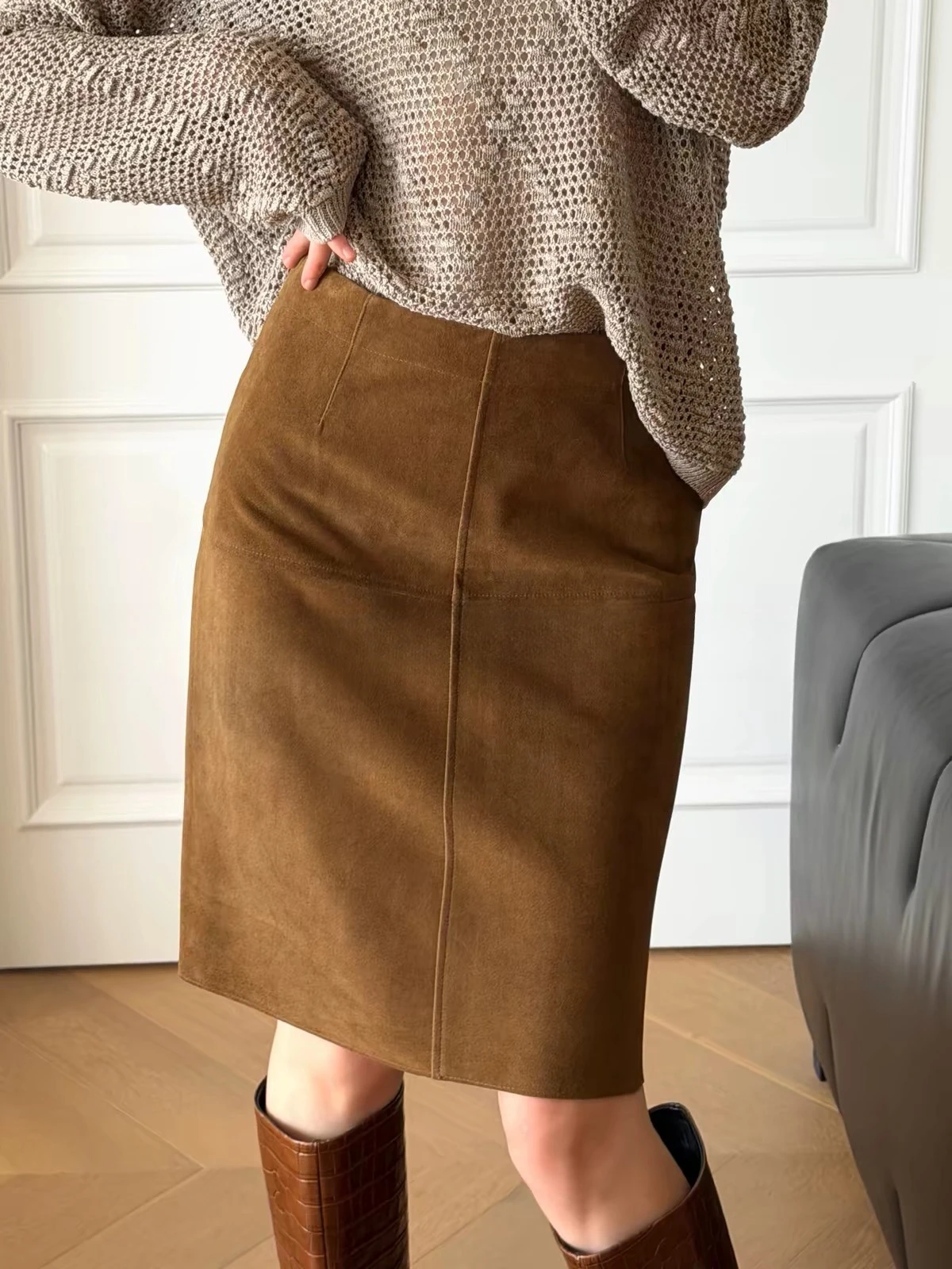 2026 Retro Brown Genuine Kid Suede Real Leather Pencil Skirt Lambskin Midi Skirt with Knee Length Women