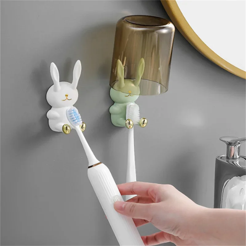 Cute Rabbit No Punching Hook No Trace Wall Hanging Storage Wash Cup Toothbrush Hanger Toilet Multi Functional Adhesive Hook