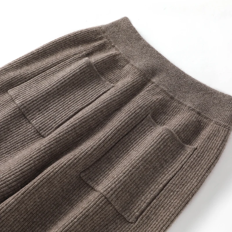 

New Arrival Women 100% Merino Wool Trousers Drawstring Autumn Winter Soft Knitted Pants Wool Wide Leg Trousers With Pockets
