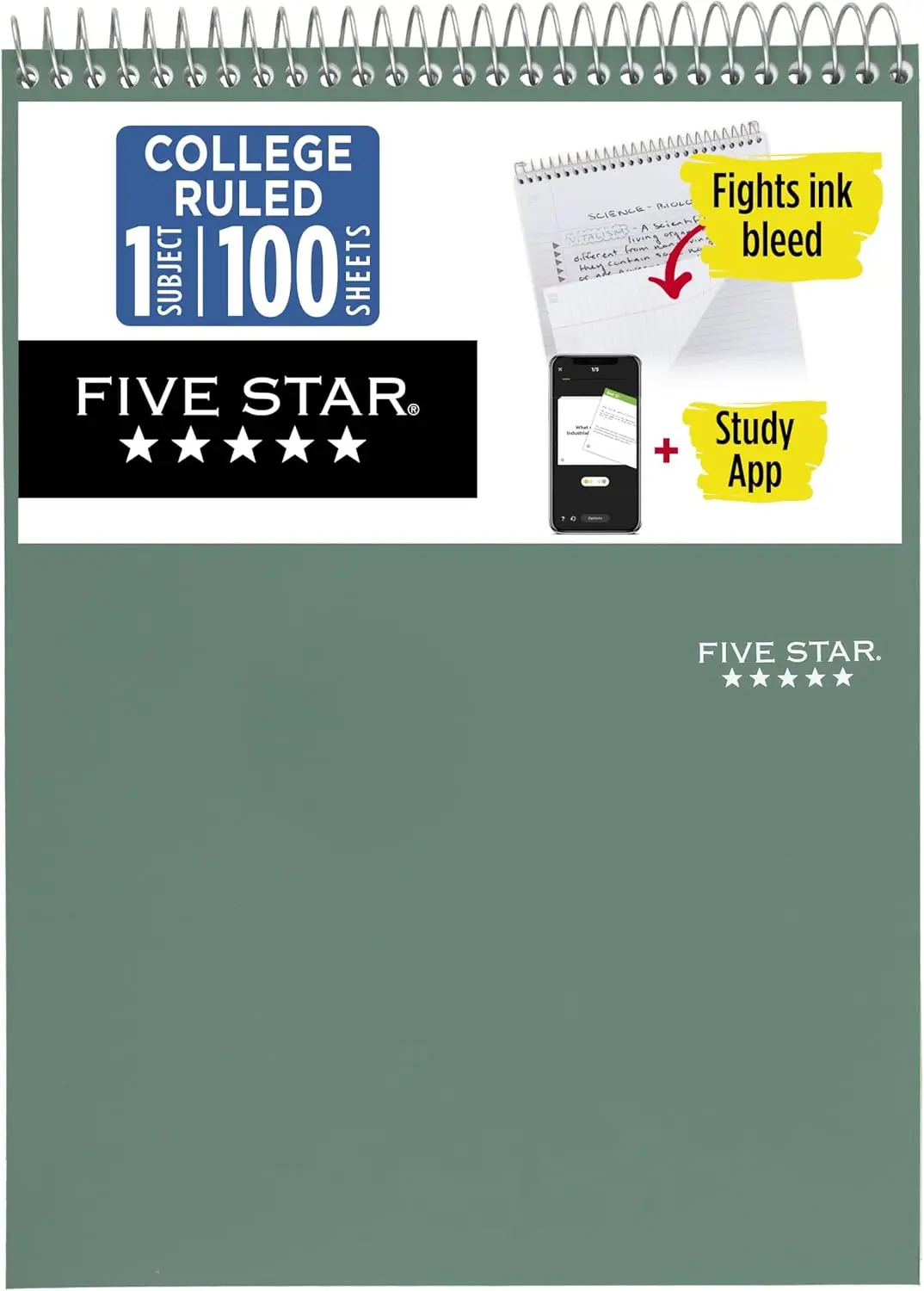

Spiral Notebook 1 Subject College Ruled 8.5x11 100 Sheets Water Resistant Cover Ink Bleed Resistant Seaglass Green