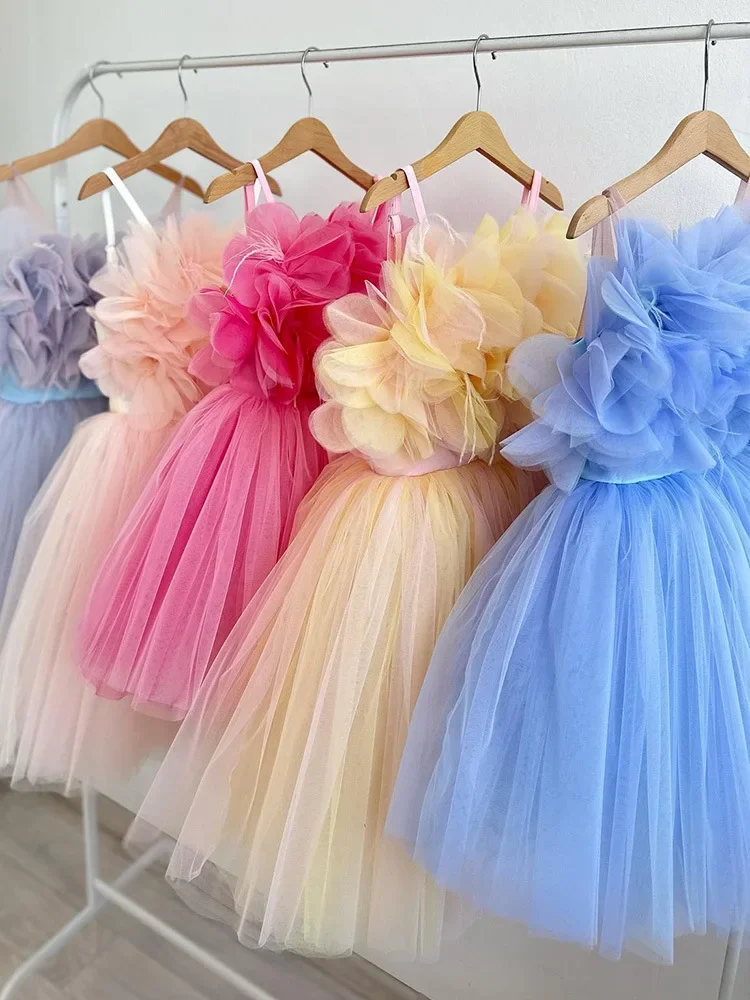 Girls Tulle Dress Kids Floral Ruffle Gown Princess Party Outfit Sleeveless Formal Wear Birthday Celebration Costume Elegant Pag