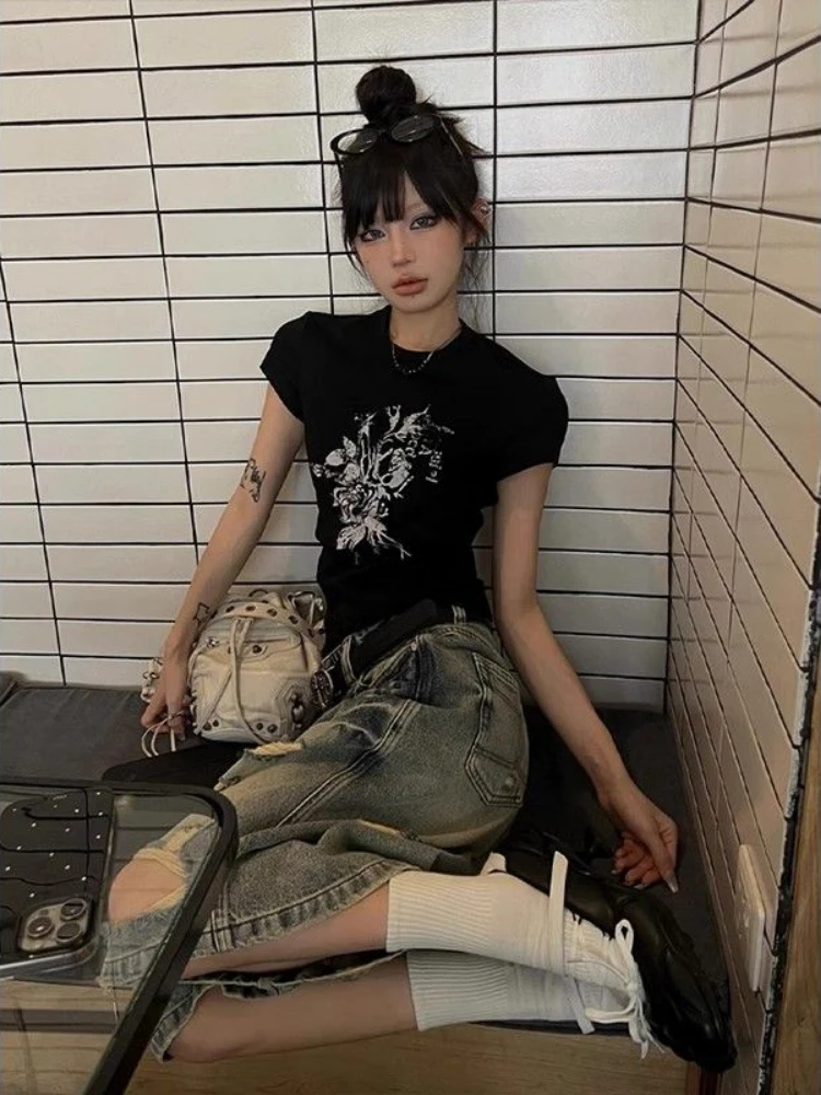 2026 Summer Harajuku Vintage Flower Printing T-shirts Streetwear Black Y2k Aesthetic Fairy Tshirts Women Grunge Bottoming Tops