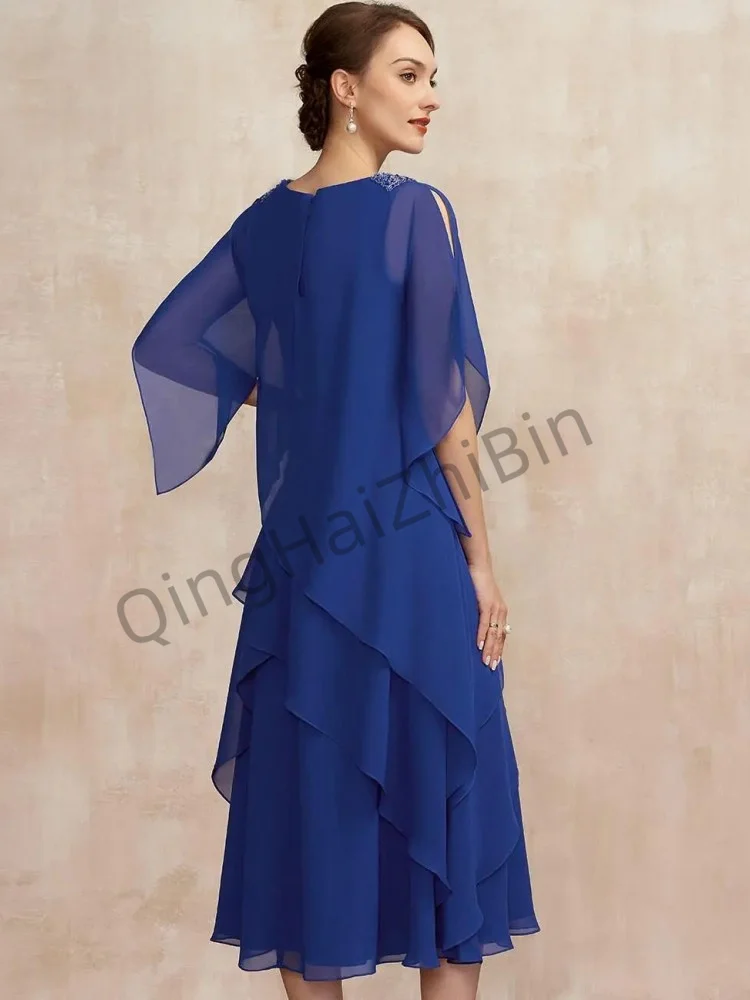 Blau elegantes Party kleid Rüschen Chiffon Perlen Mutter der Braut Kleid Tee-Länge plus Größe Abend Frauen Ballkleid