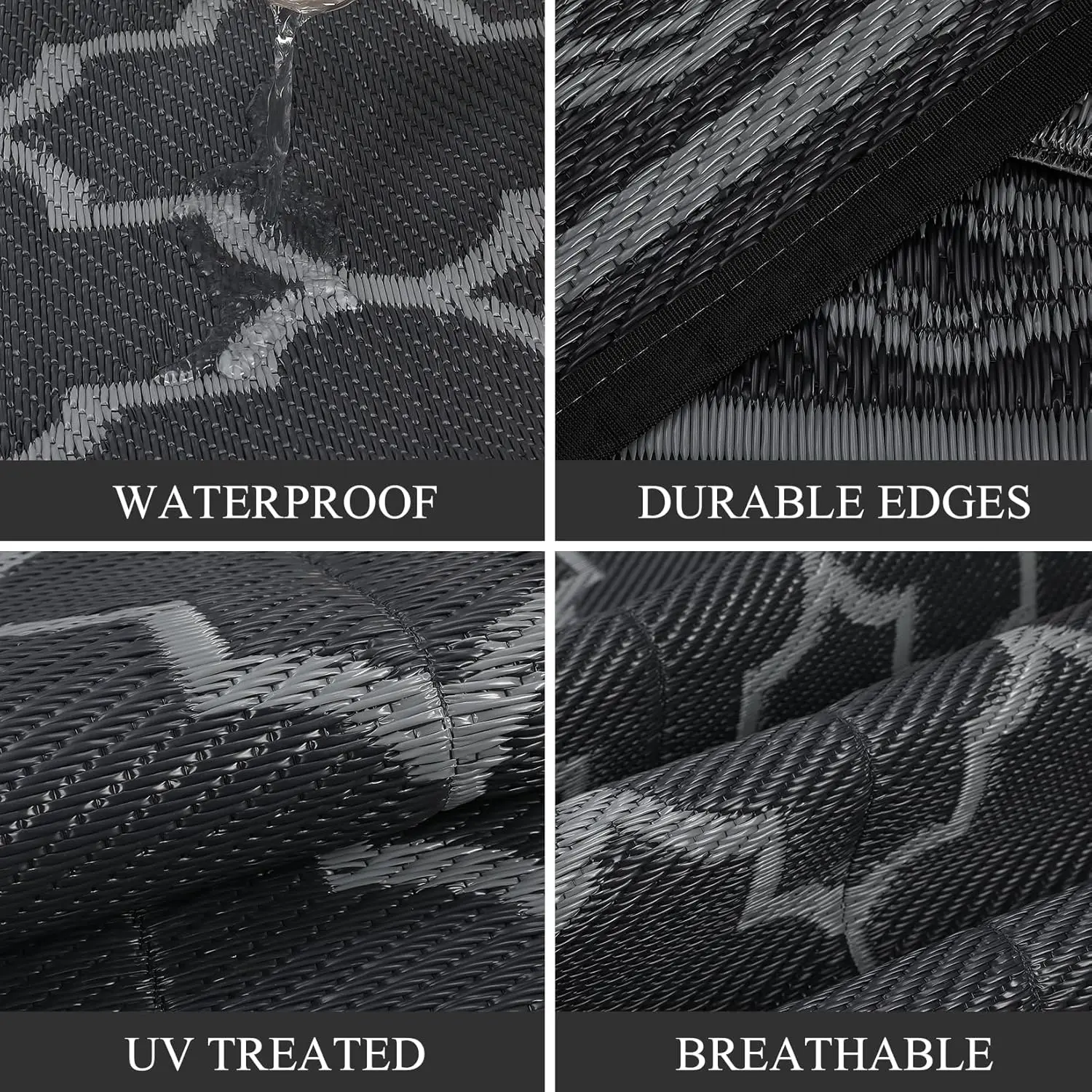 9x18 Reversible Outdoor Area Rug – Waterproof Lightweight Plastic Mat for Patio, Deck, Balcony, Porch, Camper & Backyard, Black/Grey