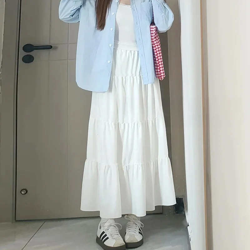

Белая юбка трапециевидной формы, женская весенне-осенняя новая драпированная юбка с эластичной резинкой на талии, юбка-торт, длинная юбка