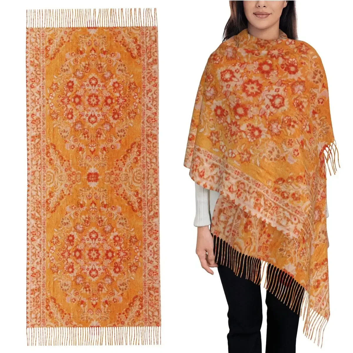 Orange-Bohemian-Berber-Traditional-Moroccan-Style--Scarf-Tassel-Scarves-Women-Shawls-and-Wraps-Large-Fall-Winter-Shawl-Wrap